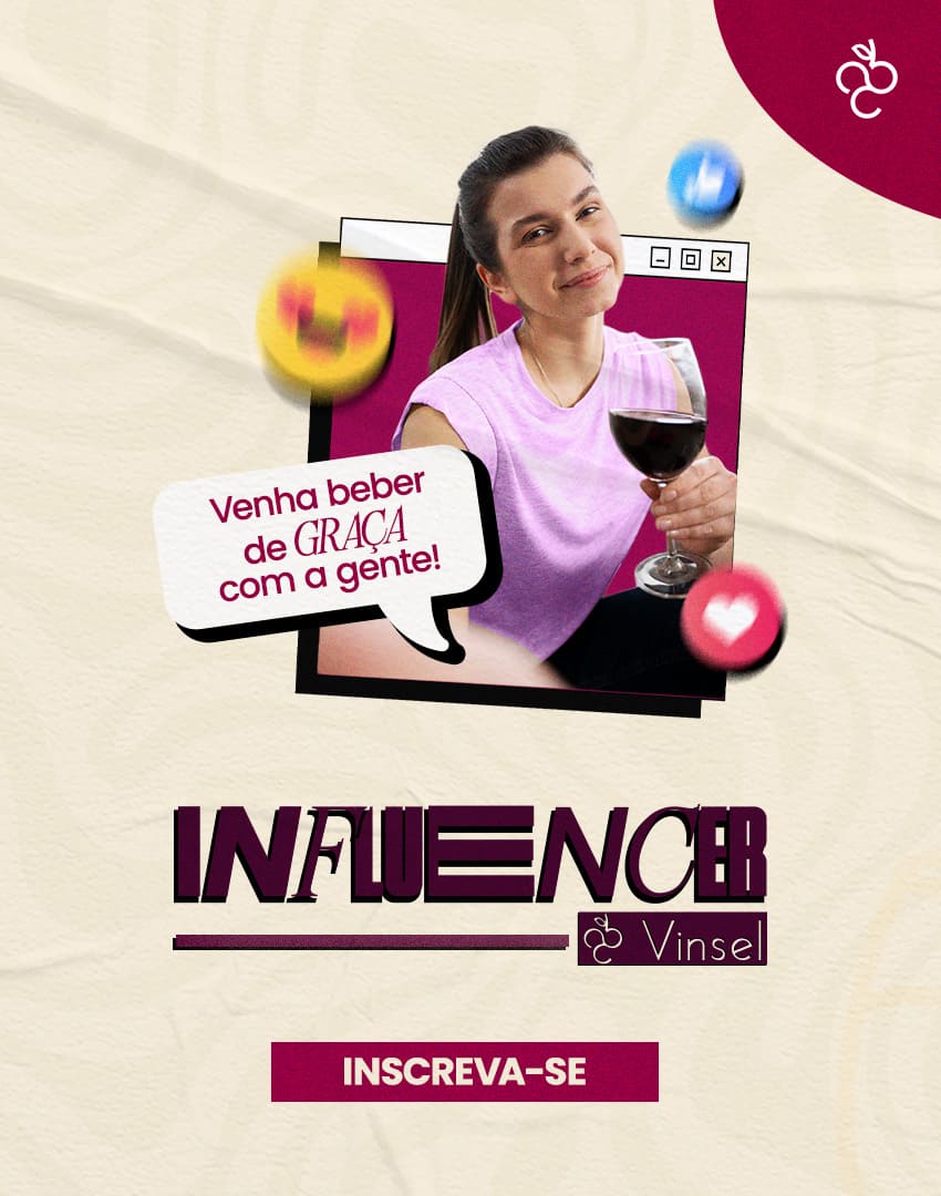 Mulher elegante saboreando uma taça de vinho, com convite para se inscrever como influenciadora de vinhos na Vinsel.